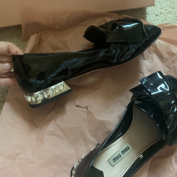 Miu Miu Classic Bow Tie Crystal Heel Patent Flats